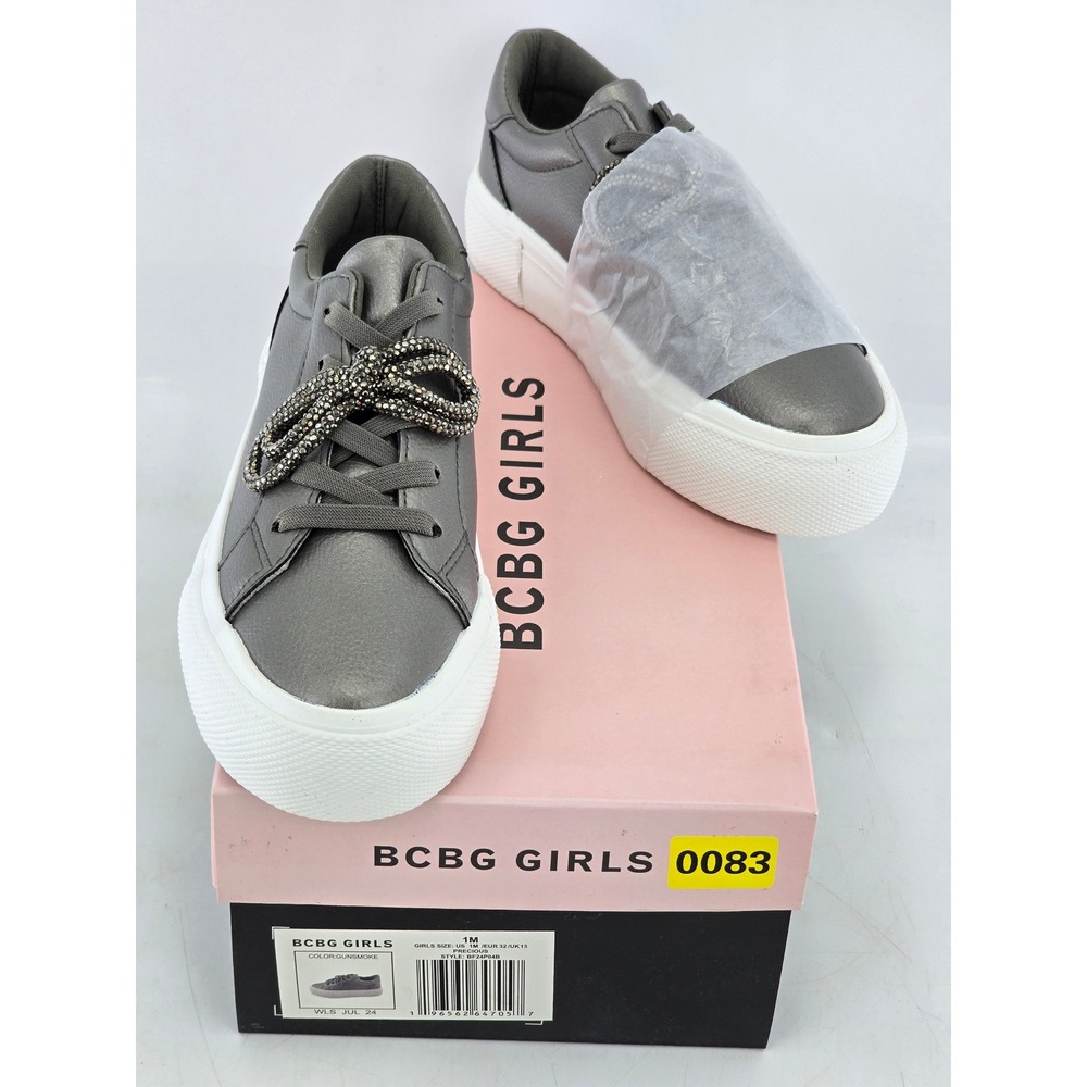 BCBG Girls Precious Sneakers Girls Size 1M Gunsmoke Rhinestone Bow - NEW